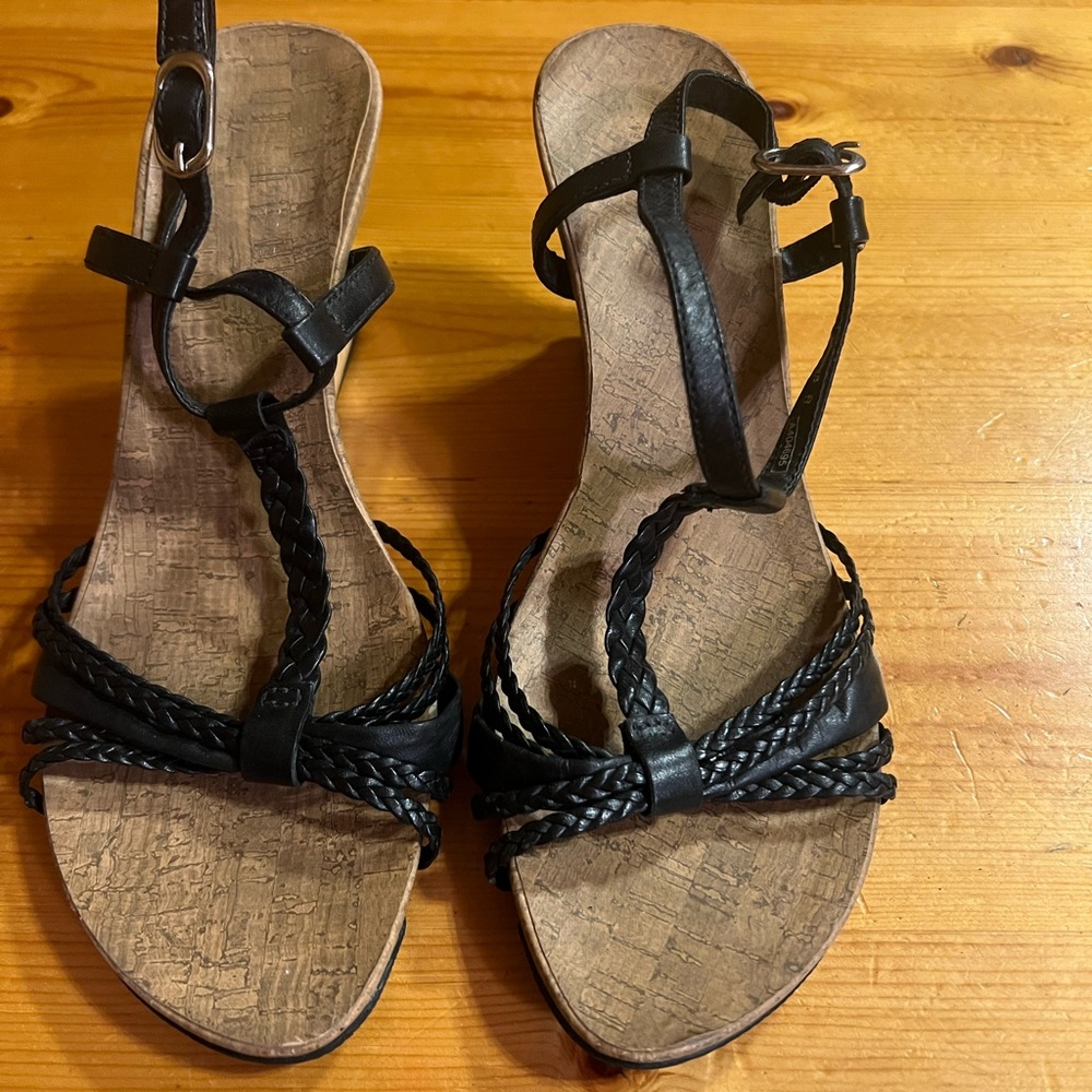 Kenneth Cole Reaction Black Braided Wedge Sandals Buckle Leather Women's 8